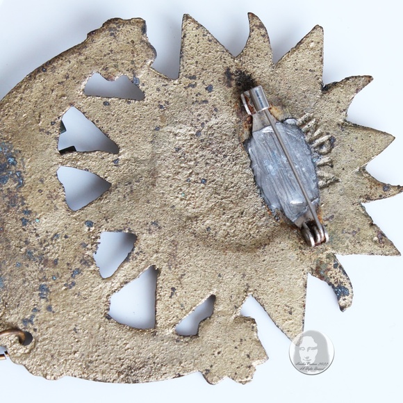 Large Sun and Moon Brooch with Beads & Charms Abstract Metal Vintage 70s - Picture 7 of 7